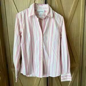 Jones New York Sport Stretch Long Sleeve Vneck Button Up Pink Striped Shirt SM